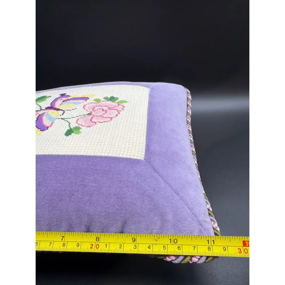 Vintage Needlepoint Pillow Lavender Floral Accent Throw Pillow Handmade 12